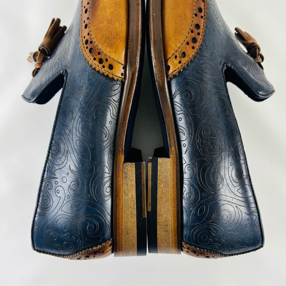 Emilio Franco Navy Blue Paisley Cognac Leather Tassel Wingtip Loafers Italy Sz 7 - Picture 9 of 13